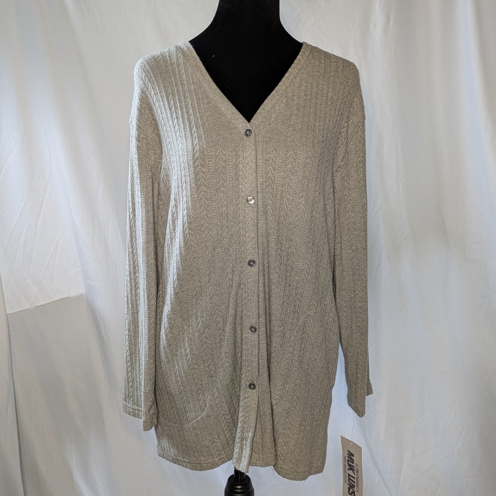 Muk Luks Gray Ribbed Button Down V-Neck Sweater Women’s PM Lightweight Stretch